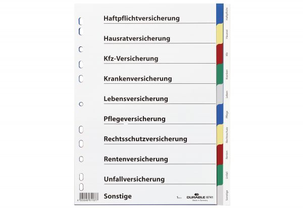 DURABLE Register mit farbigen Taben mit Indexblatt Versicherungen 10-tlg.